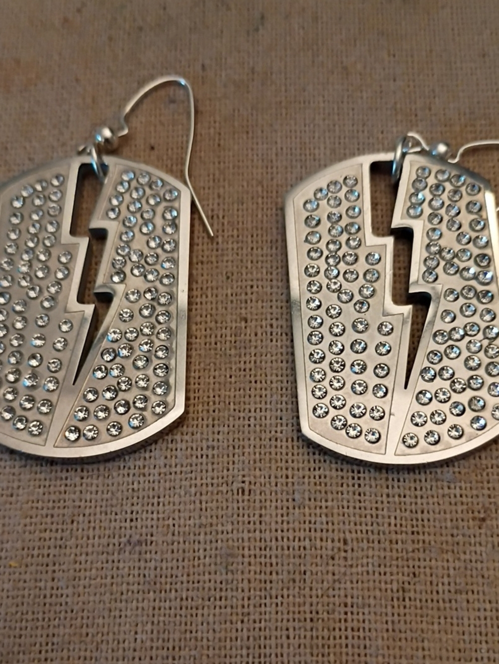 Silver Lightning Bolt Dog Tag Drop Earrings - Women Jewelry